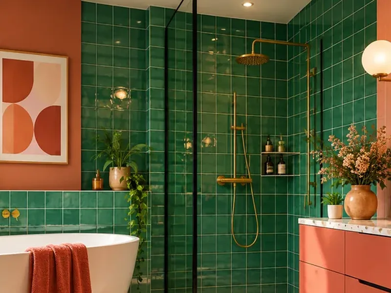 Badkamer met groene wandtegels, terracotta muur en een inloopdouche met messing kraan
