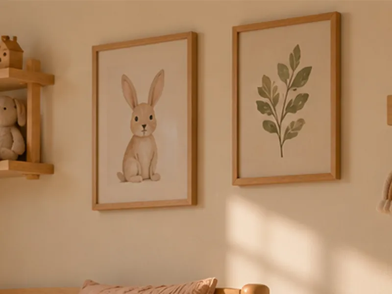 Twee ingelijste prenten van een konijn en een plantentak aan de wand