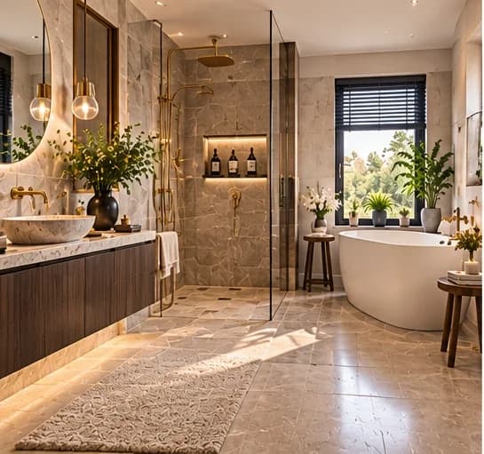 Hotel-chic badkamer met marmeren wanden, vrijstaand bad, inloopdouche met messing kranen en een houten wastafelmeubel