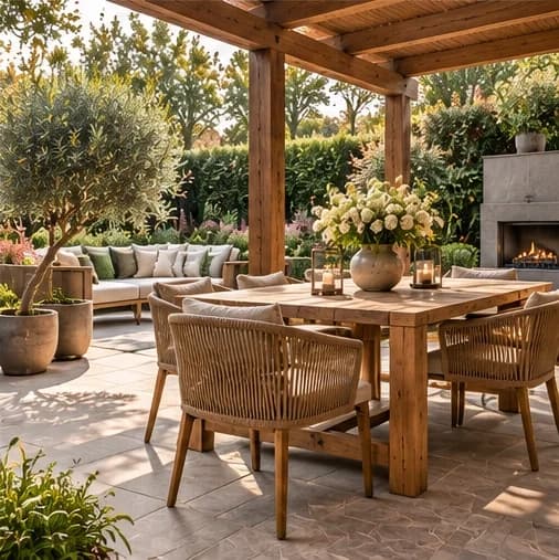 Landelijke tuin met houten pergola boven een eettafel, tegelterras, olijfboompjes in potten en een buitenhaard