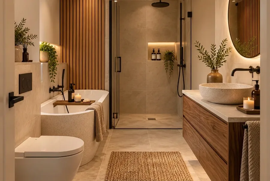 Japandi badkamer met badkamermeubel walnoot