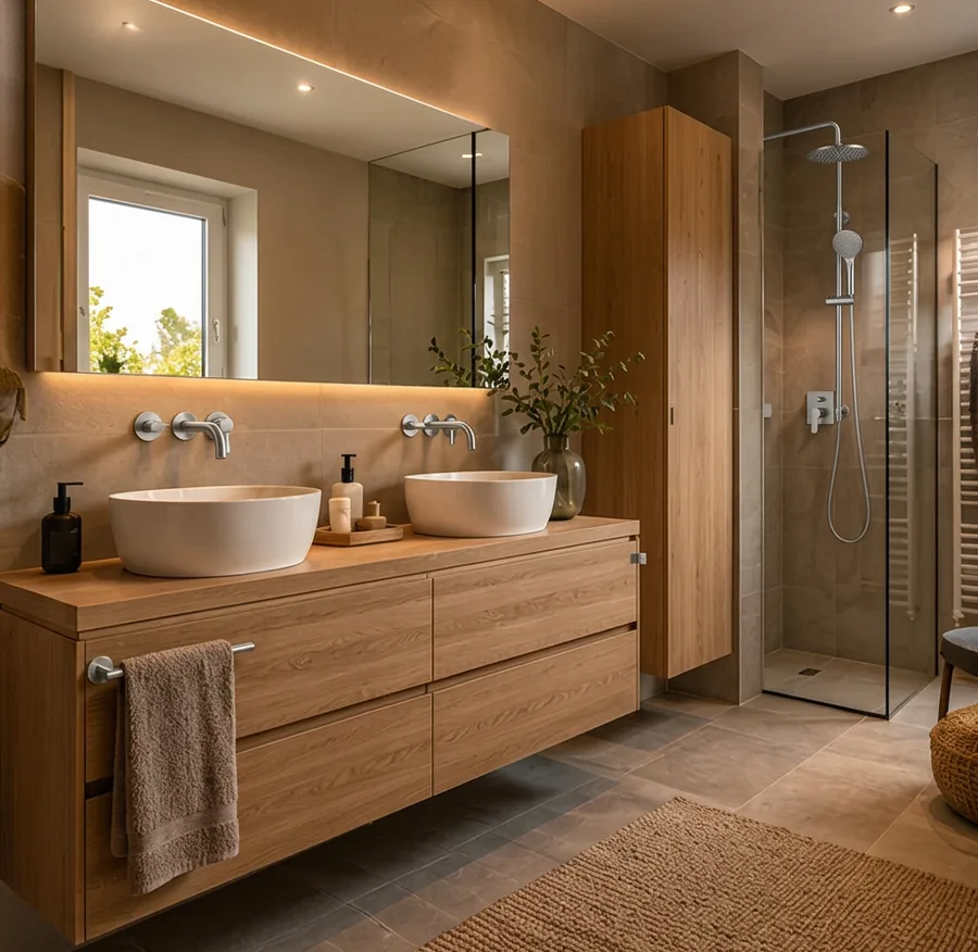 Moderne badkamer met kranen in geborsteld rvs