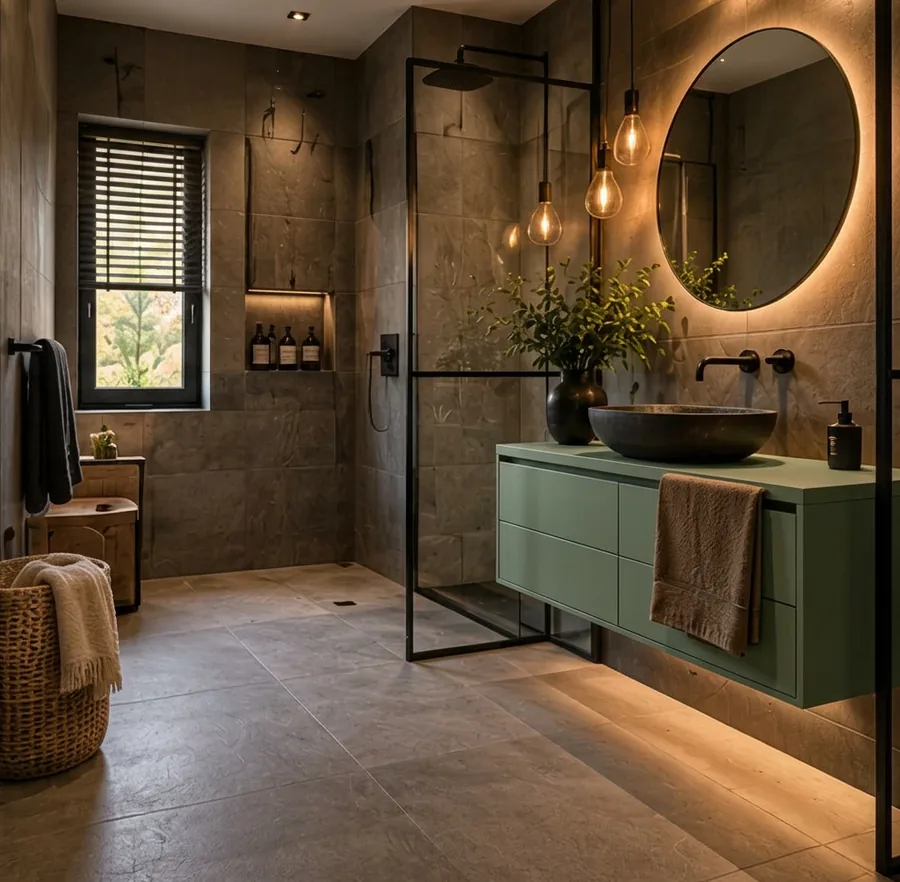 Industriële badkamer met badkamermeubel saliegroen