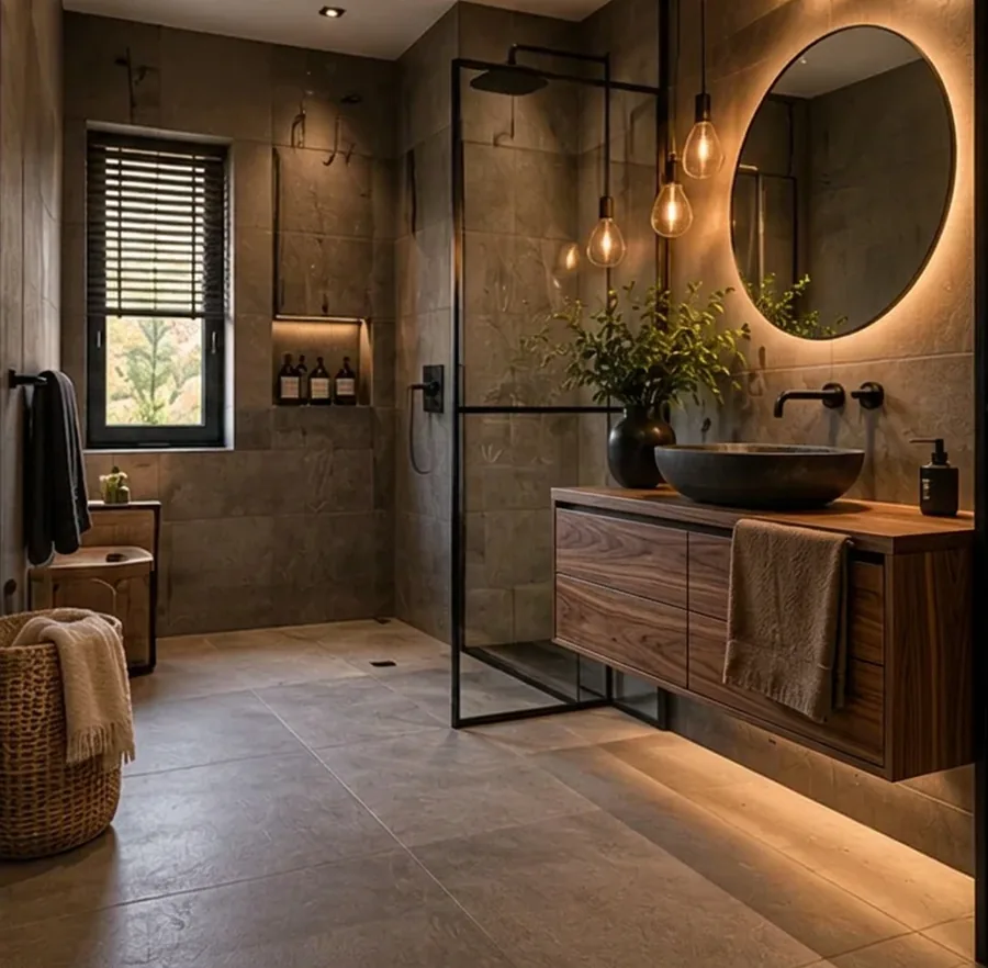 Industriële badkamer met badkamermeubel walnoot