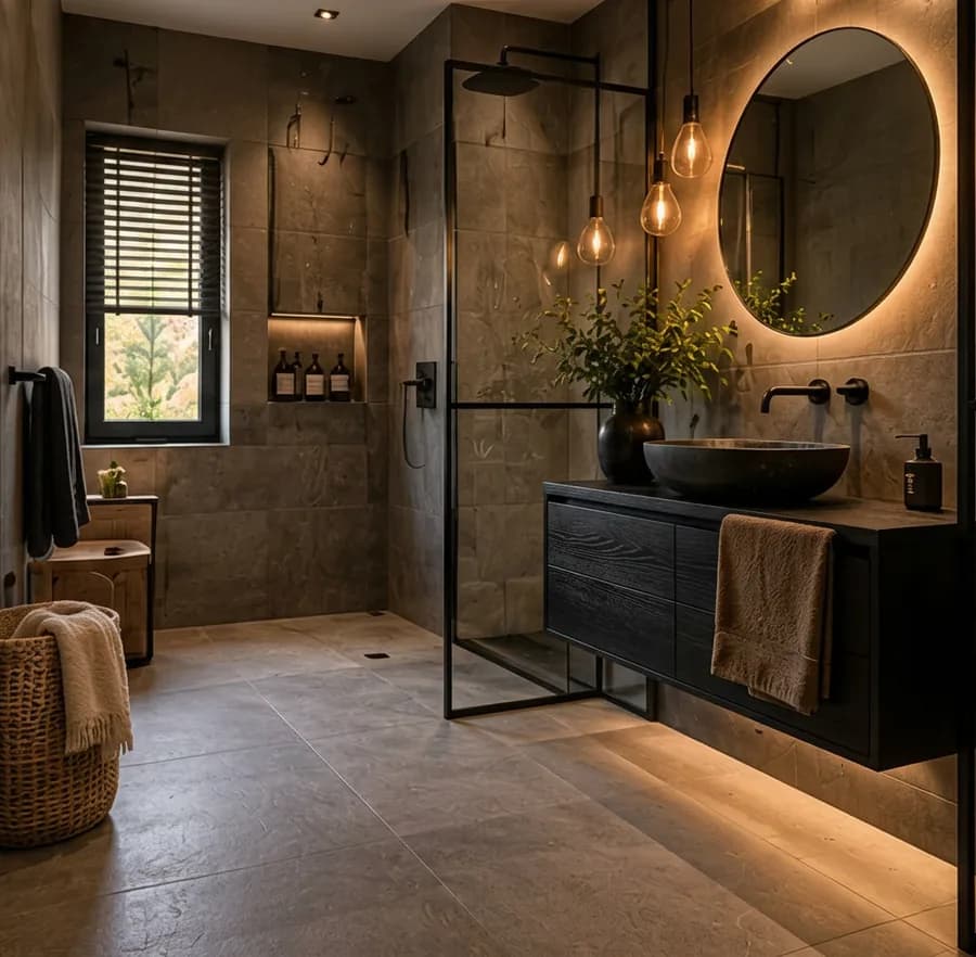 Industriële badkamer met badkamermeubel zwart eiken