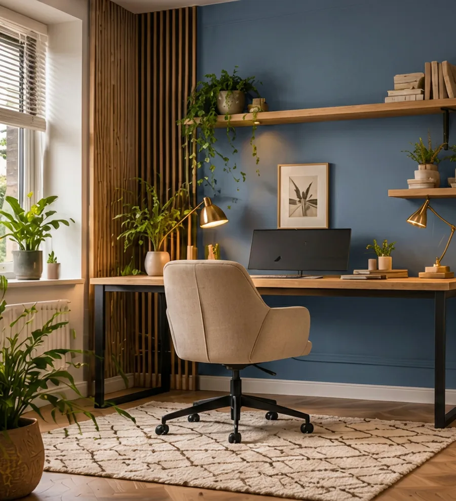 Werkkamer met de muur in rookblauw