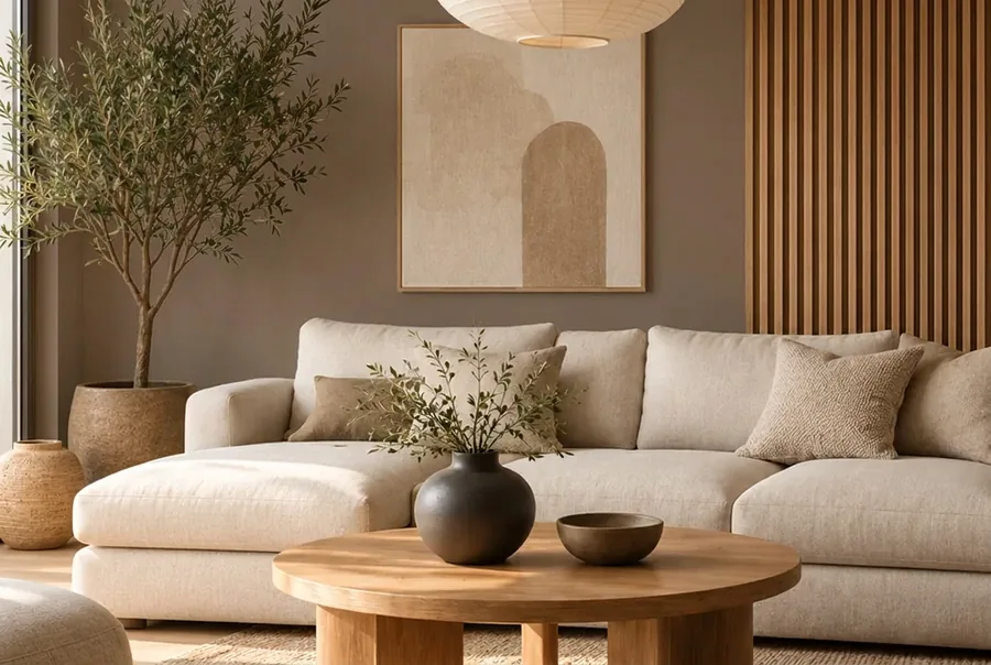 Japandi woonkamer met de muur in mokka