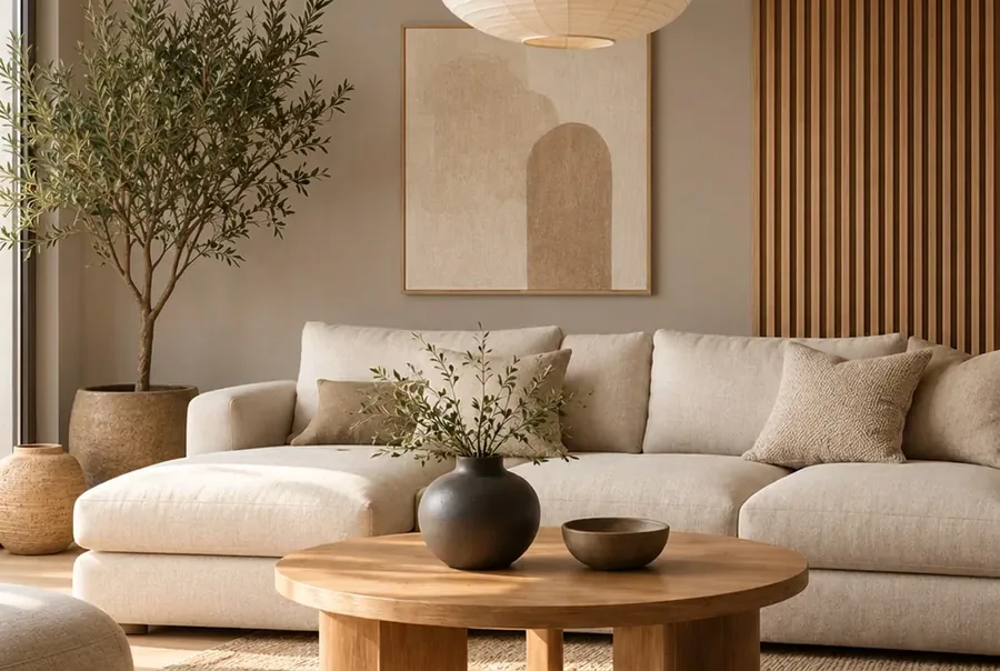 Japandi woonkamer met de muur in taupe
