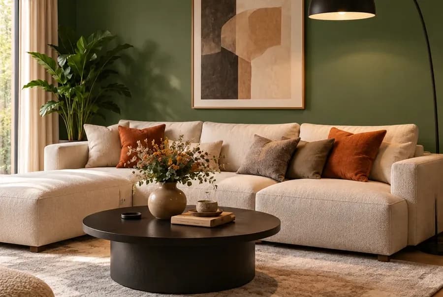 Moderne woonkamer met de muur in olijfgroen