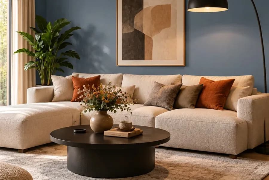 Moderne woonkamer met de muur in rookblauw