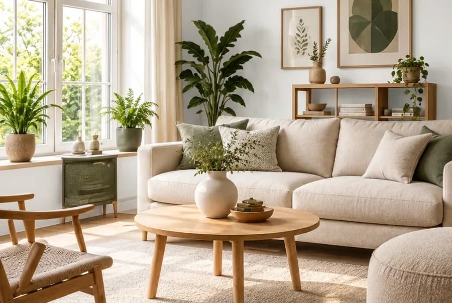 Scandinavische woonkamer met de muur in gebroken wit
