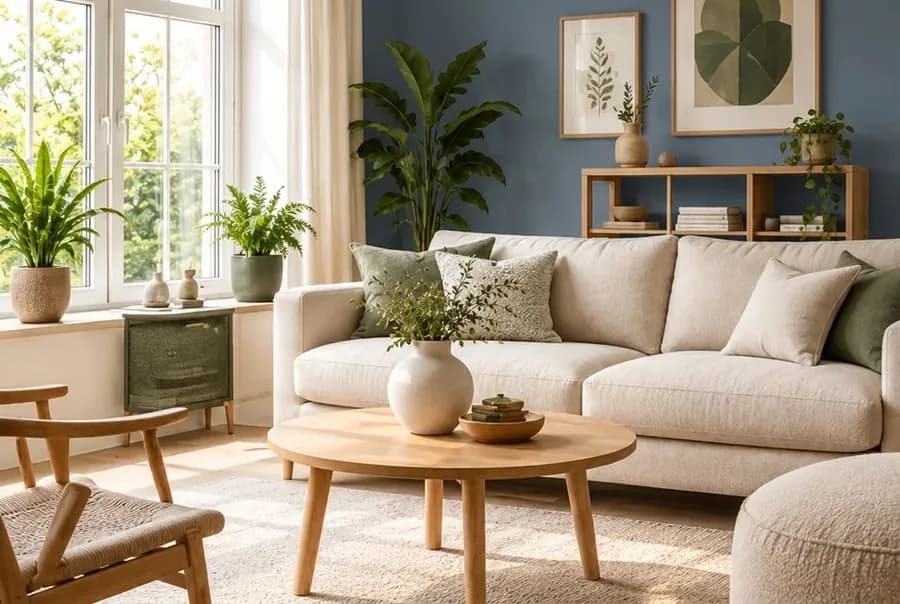 Scandinavische woonkamer met de muur in blauwgrijs