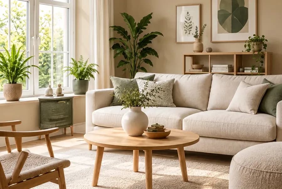 Scandinavische woonkamer met de muur in zandbeige