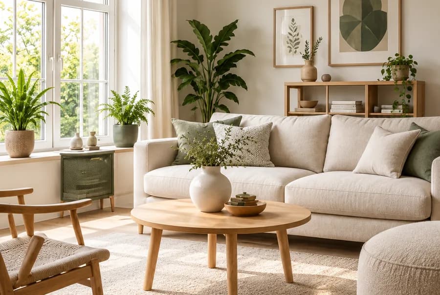 Scandinavische woonkamer met lichtgrijze bank op houten poten, ronde eikenhouten salontafel, wollen plaid en gebroken witte wanden bij een vrij raam.