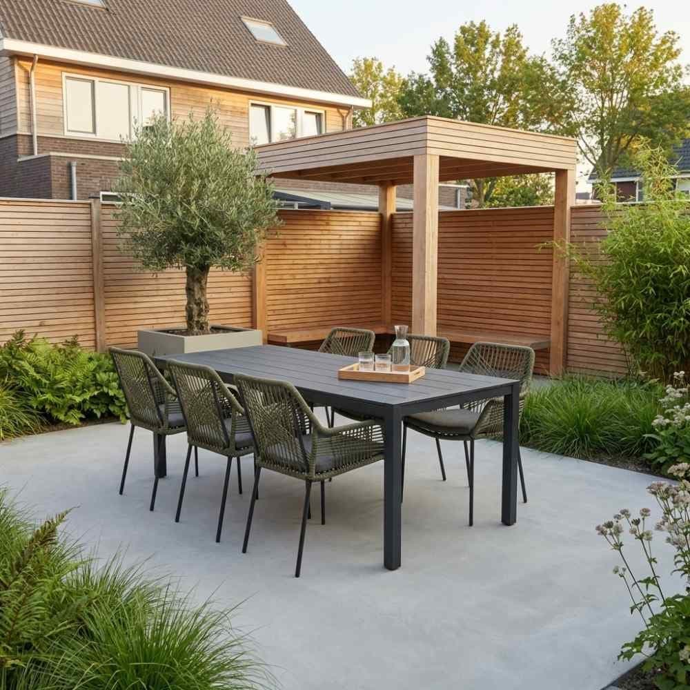 Manchester/Seville olijfgroen dining tuinset | 6 personen | aluminium + touw | 205cm