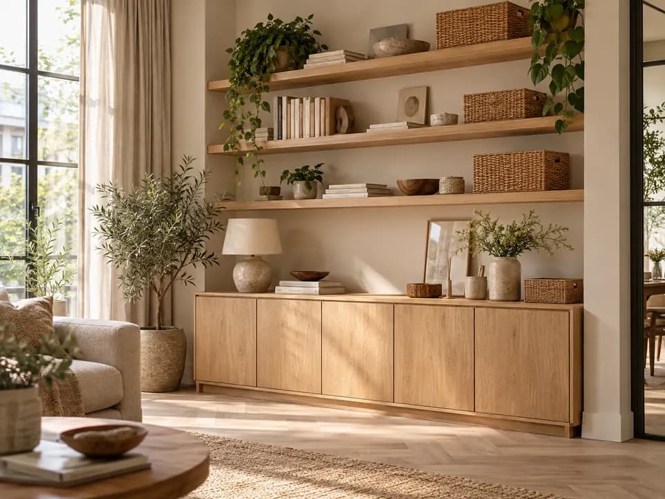 Open houten wandplanken met boeken, manden en planten