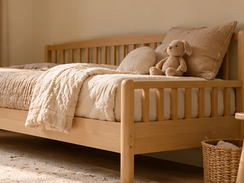Houten kinderbed met spijlen, zacht beddengoed en een knuffel op het kussen