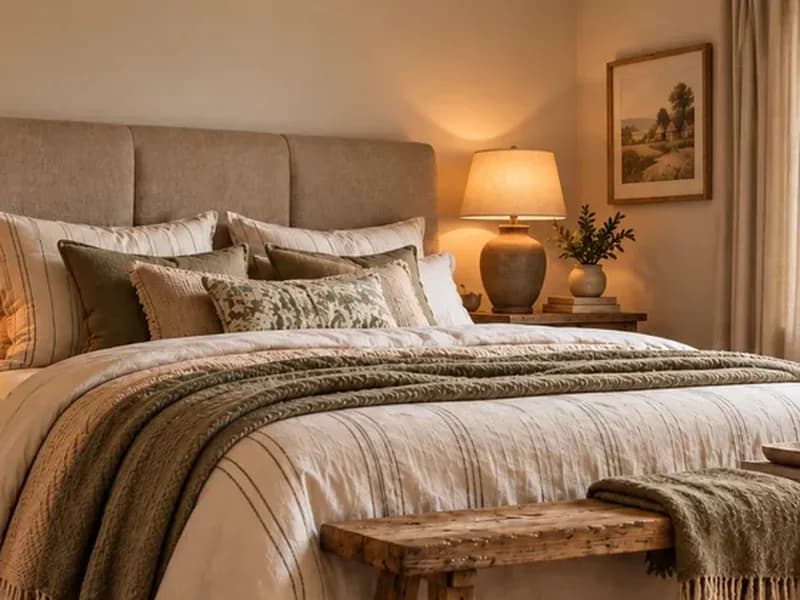 Breed gestoffeerd hoofdbord in beige achter een opgemaakt bed met kussens