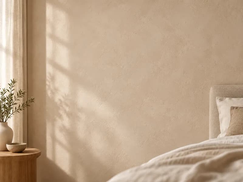 Zandkleurige kalkverfmuur met zonlicht door het raam, naast een bed