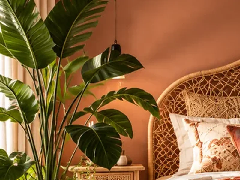 Grote bananenplant naast een rotan hoofdbord tegen een terracotta muur