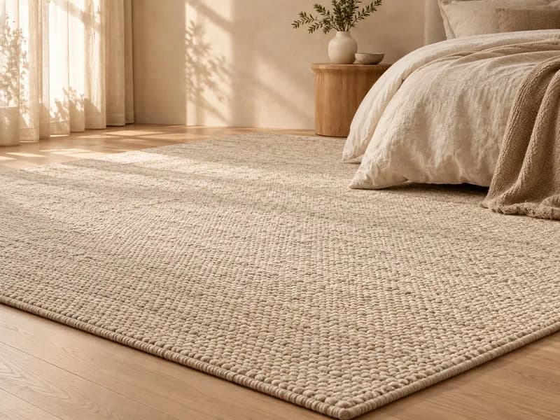Grof geweven vloerkleed in beige naast een bed op een houten vloer