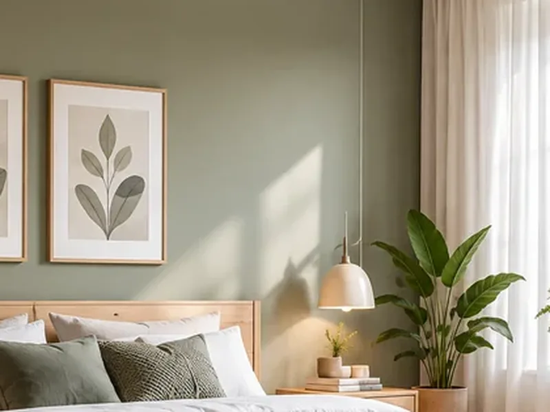 Ingelijste botanische prent aan een saliegroene slaapkamermuur