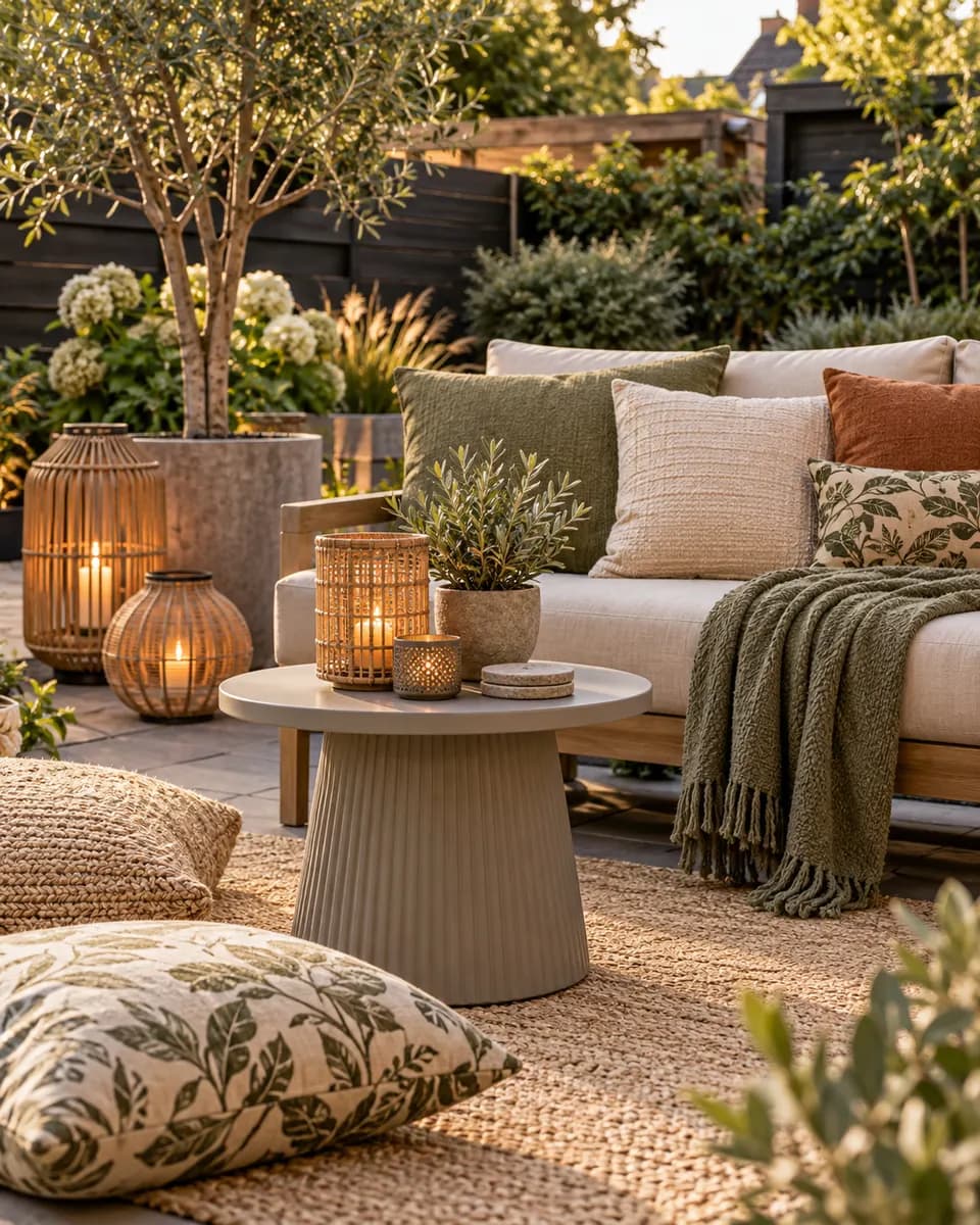 Lantaarns, buitenkussens en een plaid bij een loungebank in de tuin