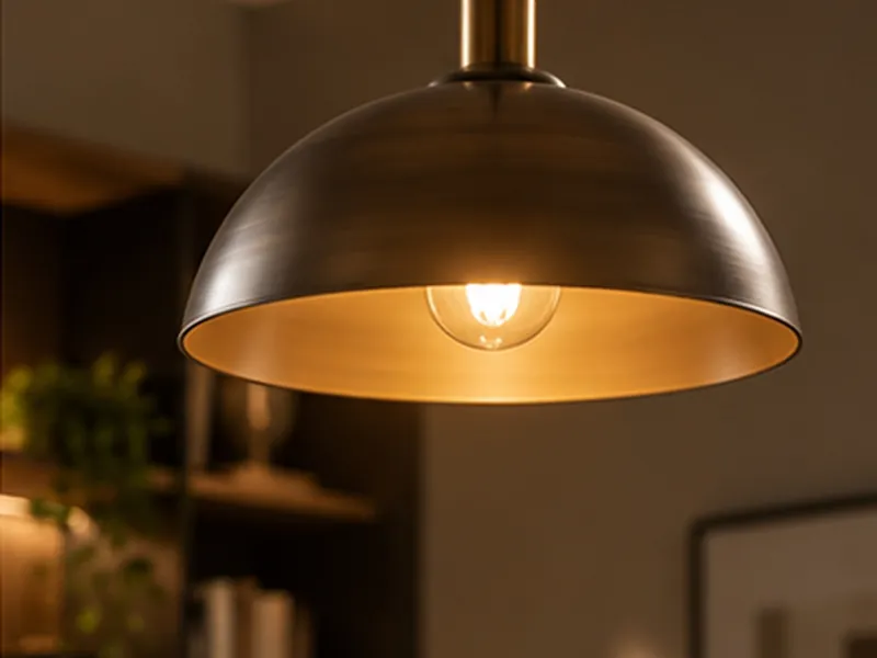 Koepelvormige hanglamp in donker metaal met een warm gloeiende lamp
