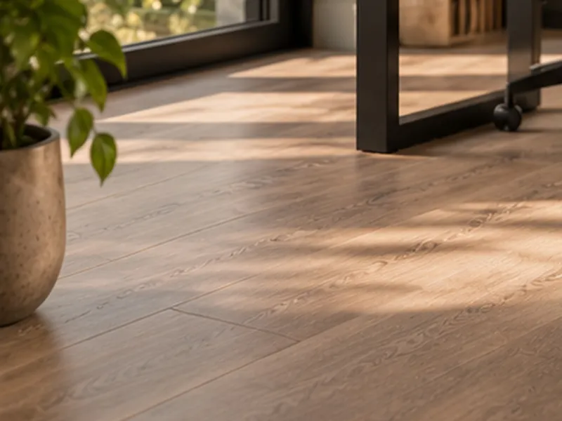 Houten vloer in zonlicht met een stenen plantenpot en de poot van een bureau