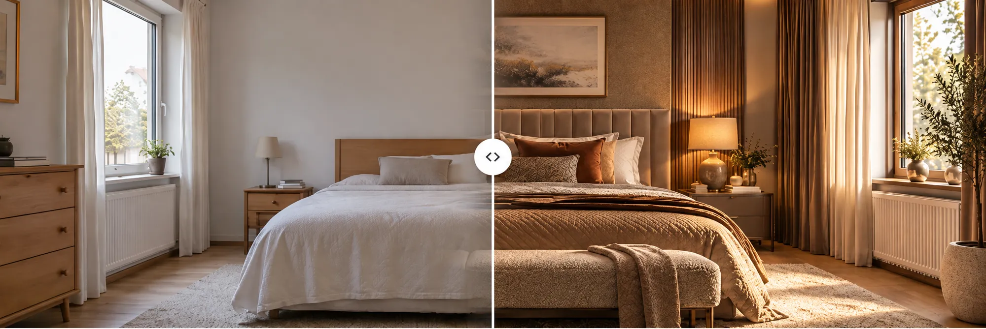 Voor en na: links een lichte slaapkamer met een houten bed en witte muren, rechts dezelfde slaapkamer met een warm gestoffeerd hoofdbord, behang en zachte verlichting