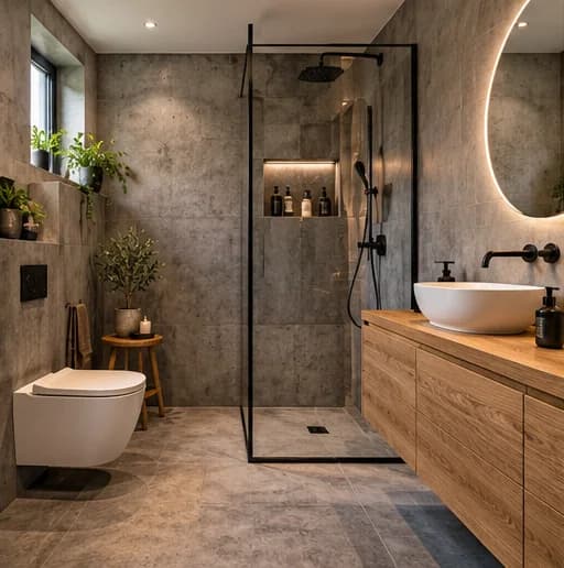 Badkamer met betonlook wanden, inloopdouche met zwart profiel, hangtoilet en een eiken wastafelmeubel