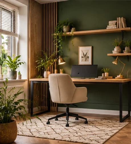 Thuiswerkplek met donkergroene muur, wandplanken, bureau bij het raam en beige bureaustoel
