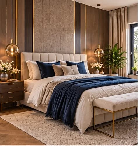 Hotel-chic slaapkamer met hoog gestoffeerd hoofdbord, donkerblauwe sprei, messing hanglampen en een bank aan het voeteneind
