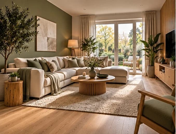 Woonkamer met licht eiken parket, crème hoekbank, ronde houten salontafel en een saliegroene wand