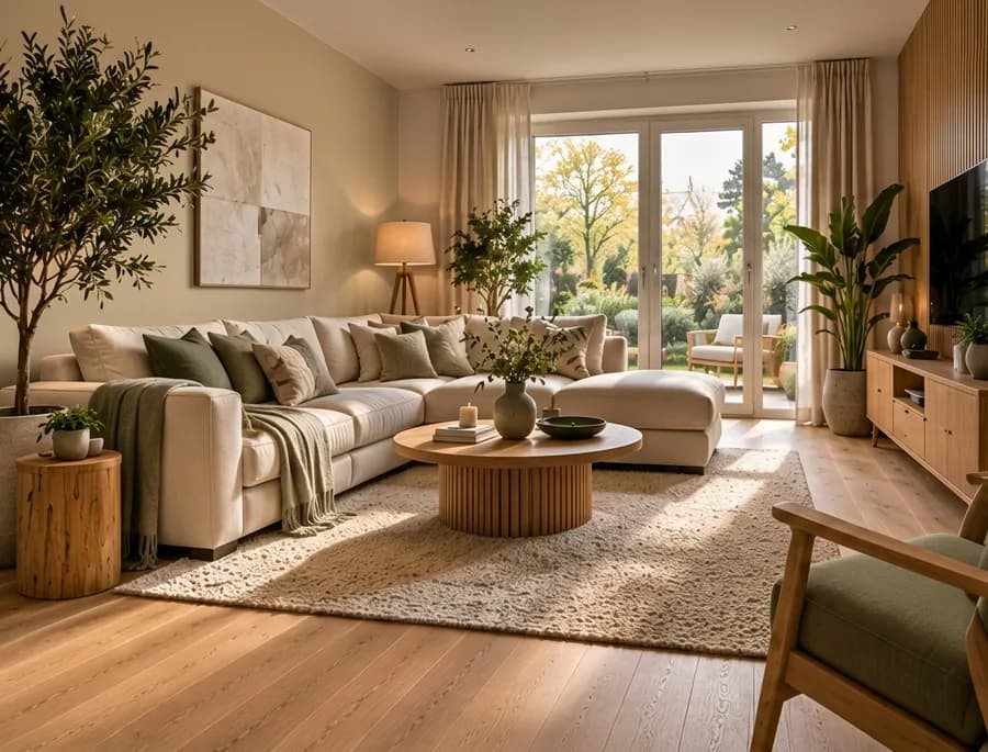 Woonkamer met de muur in zandbeige