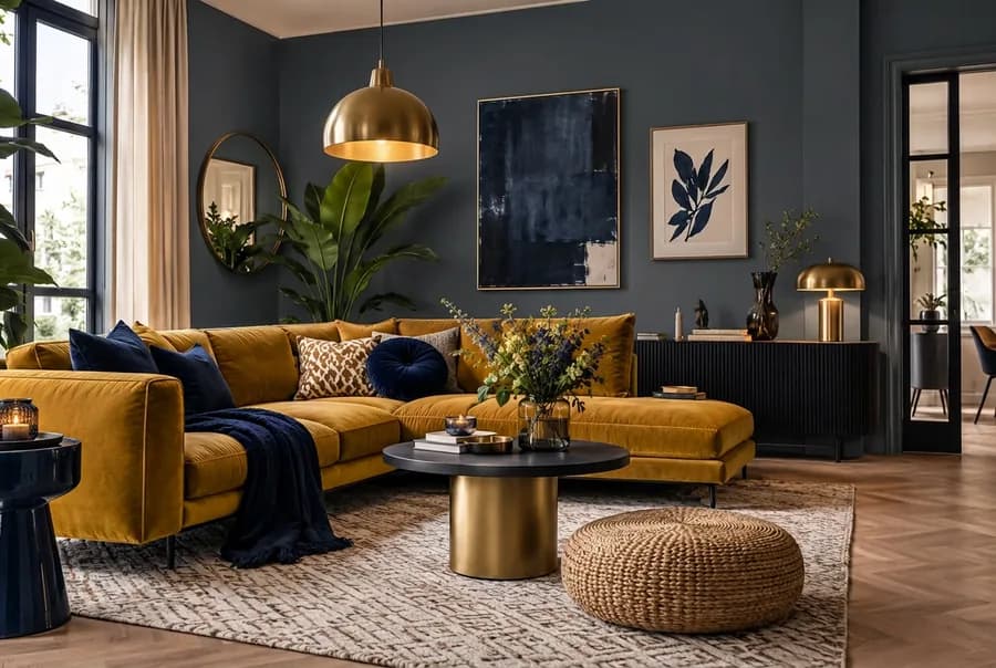 Woonkamer met een donkere muur in antraciet