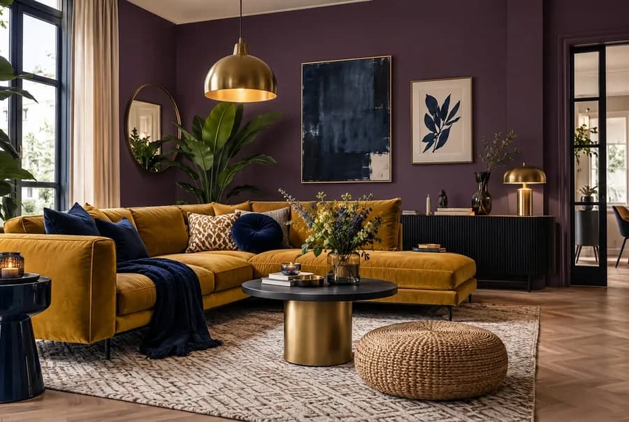 Woonkamer met een donkere muur in aubergine