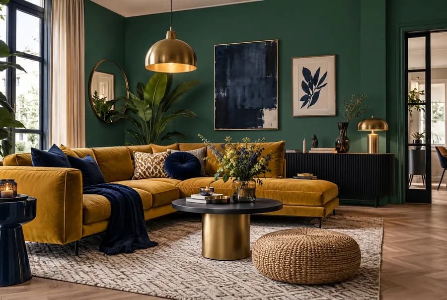 Woonkamer met een donkere muur in bosgroen