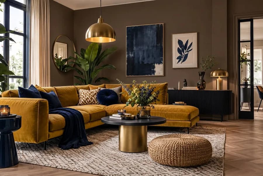 Woonkamer met een donkere muur in walnoot