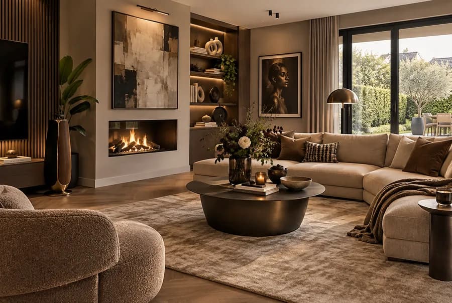 Woonkamer met een lage beige hoekbank, ronde bouclé fauteuil, haard en een ronde donkere salontafel