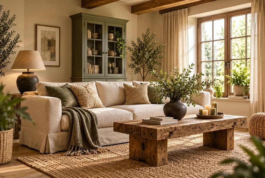 Landelijke woonkamer met een beige bank, olijfgroene plaid, kussens met print en een robuuste houten salontafel